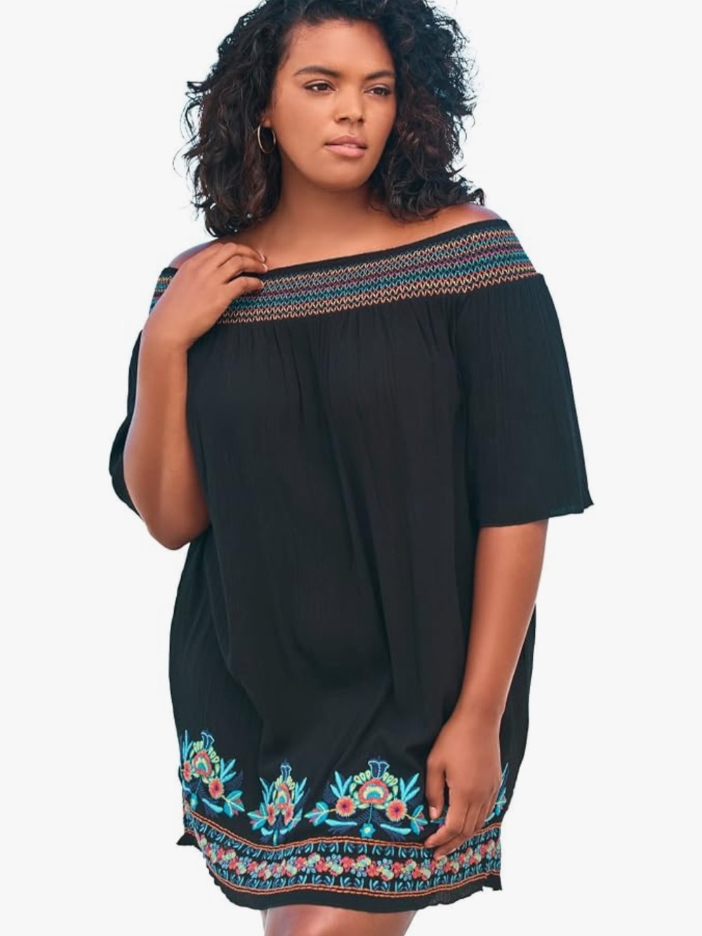 NWT Swim 365 Embroidered Floral Gauze Off-Shoulder Black 14/16 Swim Cover Up